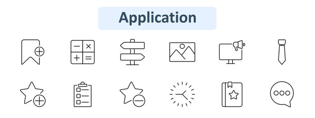 Application icon set. Bookmark, calculator, directions, image, presentation, tie, favorite, checklist, clock, book, chat. Business, organization, productivity concept.