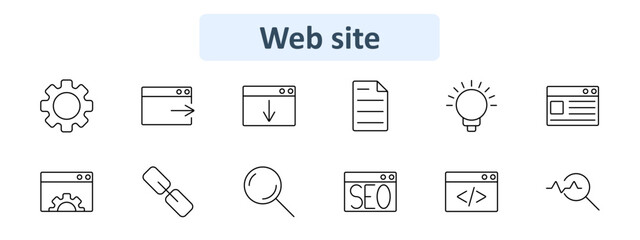 Website icon set. Settings gear, browser window, document, lightbulb, webpage, hyperlink, search, SEO, coding, analytics. Web development, SEO, internet concept.