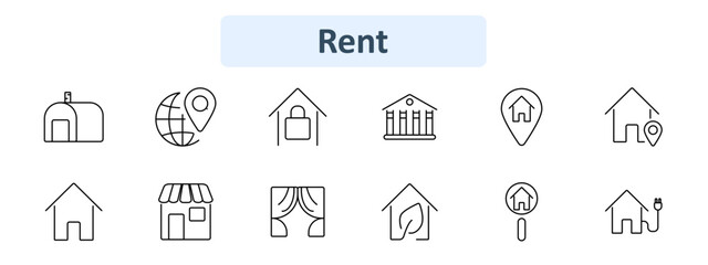 Rent set icon. House, globe, location pin, locked house, bank, store, curtains, eco house, house with plug. Real estate, property rental, leasing, housing market concept