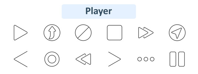 Media player icon set. Play, forward, pause, stop, rewind, next, previous, shuffle, repeat, volume, mute, eject. Audio, video, multimedia concept.