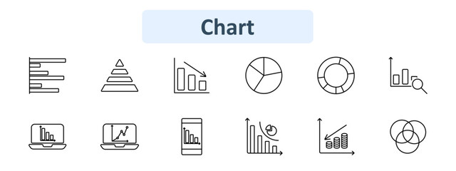 Chart icon set. Bar graph, pyramid, pie chart, line graph, doughnut chart, financial report, laptop analytics, mobile data, coins, growth chart. Data visualization, statistics, analysis concept.