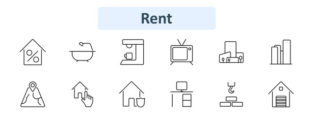 Rent set icon. House with percentage, bathtub, coffee machine, TV, building, map, house with hand, house with shield, office desk, crane, warehouse. Property rental, leasing, housing market, amenities