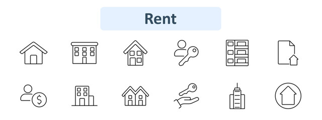 Rent set icon. House, apartment, house with key, document, person with money, high-rise building, keys, hand holding keys, skyscraper. Real estate, property rental, leasing, housing market, ownership
