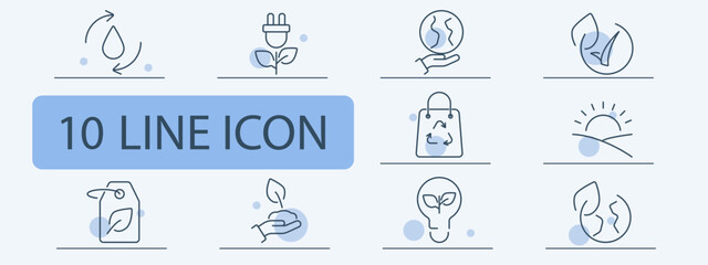 Eco-friendly and sustainability line icons set. Recycling, plant, earth, bag, sun, leaf. Environmental protection, green living concept