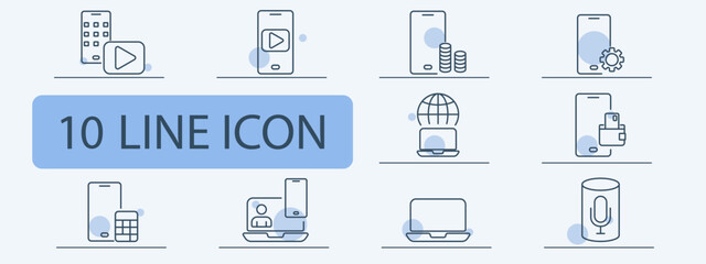 Mobile and digital devices line icons set. Smartphone, laptop, tablet, microphone, play button, wallet. Technology, digital communication concept