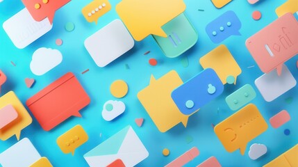 An abstract image depicting a collection of colorful, paper-like social media ad examples scattered across a bright blue background. Generative AI