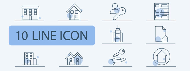 Real estate line icons set. Apartment building, house, person with key, skyscraper, document with house, hand with key, home location pin, rental properties. Property, housing, investment concept