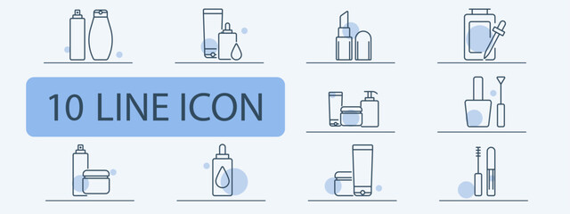 Cosmetics and beauty line icons set. Shampoo bottle, cream jar, lotion pump, makeup products, skincare, beauty tools. Personal care, grooming, wellness concept