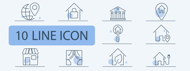 Property and location line icons set. Globe with pin, house with lock, courthouse, home pin, storefront, curtains, house leaf, eco-friendly home, smart home. Real estate, environment, technology