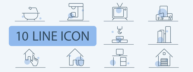 Home and interior line icons set. Bathtub, coffee maker, television, sofa, bookshelf, home click, home protection, desktop computer, garage. Interior, furniture, home equipment concept.