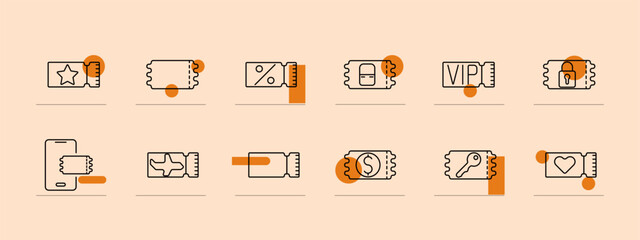 Ticket set icon. Ticket stub, currency, discount, percentage, VIP, mobile ticket, plane, key, heart, lock. Event and travel access concept.