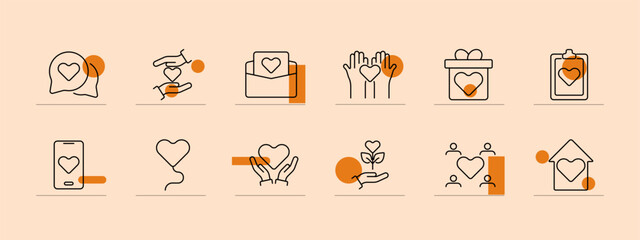 Charity set icon. Heart hands, plant, envelope, donation, gift box, mobile, community, house, clipboard, support, volunteer. Philanthropy, giving, social aid, nonprofit, support, community service