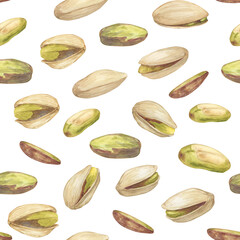 Seamless pattern with pistachio nut watercolor illustration, floating in the air composition. Botanical drawing sketch stylized. Hand drawn, suitable for food packaging design