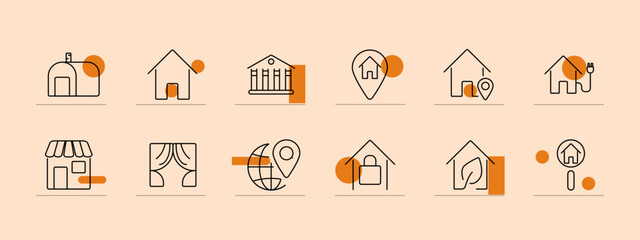 Rent set icon. House, globe, location pin, locked house, bank, store, curtains, eco house, house with plug. Real estate, property rental, leasing, housing market concept