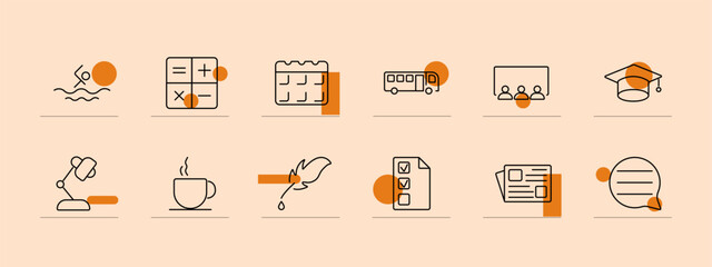 Educational set icon. Swimmer, quill, checklist, calendar, school bus, classroom, calculator, desk lamp, coffee cup, newspaper, speech bubble, graduation cap. Education, learning, school