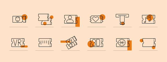 Ticket set icon. Theater, star, 3D, person, heart, turnstile, VR, barcode, basketball, music note. Admission, entertainment, event, entry concept