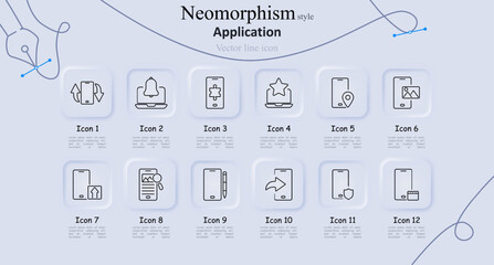 Application neomorphism style line icons set. Smartphone rotation, bell notification, puzzle, star rating, location, gallery, upload, search, notebook, share, shield, bookmark. Technology
