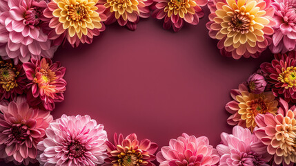Rich red background with chrysanthemum flowers and copy space. Beautiful floral frame