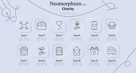 Charity set icon. Heart, hierarchy, heart calendar, raised hands, heart, wallet, institution, heart arrows, group. Donations, support, nonprofit, community help concept.