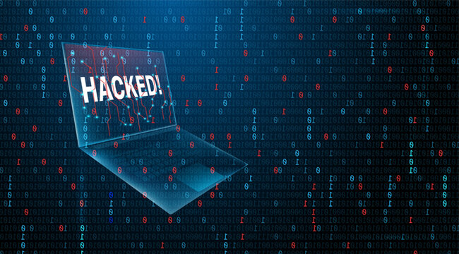 Laptop hacked and program binary code is protection background, for cybersecurity, network protection, hacking, scam, and phishing