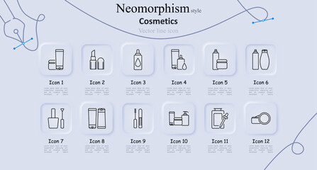 Cosmetics set icon. Lotion tube, lipstick, dropper bottle, shampoo, cream jar, spray bottle, nail polish, lip gloss, mascara, foundation, compact mirror. Beauty, skincare, and hygiene concept.