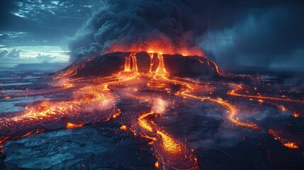 Volcano Erupting with Lava Flows