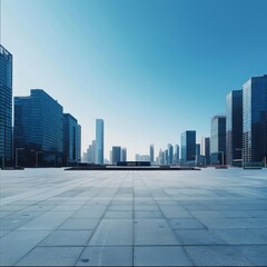 An empty square floor with a city skyline and modern buildings beneath a blue sky. Generative AI