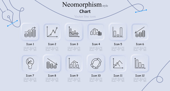 Chart set icon. Stacked coins, line graph, bar, histogram, stacked bars, circle chart, venn diagram, magnifying glass, pyramid, pie, scatter plot, area chart. Data analysis, statistics