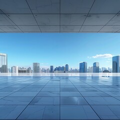 An empty square floor with a city skyline and modern buildings beneath a blue sky. Generative AI