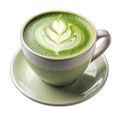 Hot matcha latte, green tea latte isolated on transparent background