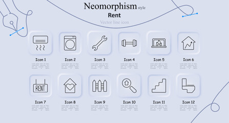 Rent set icon. Air conditioner, washing machine, wrench, dumbbell, fireplace, house with arrow, rent sign, house with heart, fence, magnifying glass with house, stairs, toilet. Home appliances