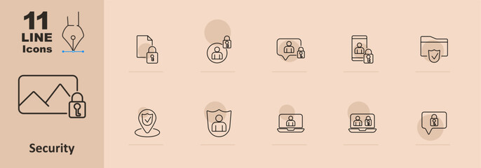 Security set icon. Image with padlock, document with lock, user with lock, shield, person with shield, secure laptop, ID card, secure message. Cybersecurity and data protection