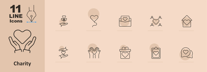 Charity set icon. Heart, hands holding heart, gift, balloon, envelope with heart, group, house, hands exchanging, clipboard. Non-profit and donation concept