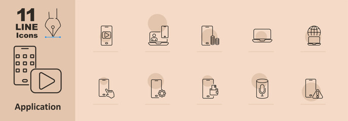 Application set icon. Mobile phone with play button, person, coins, laptop, settings, payment, speaker, alert. Mobile and digital concept