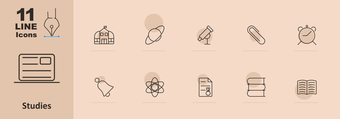 Studies set icon. School building, atom, microscope, alarm clock, bell, planet, document, books, open book, paperclip. Education and academic concept