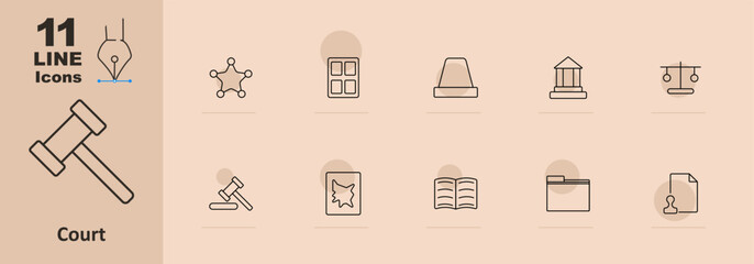 Court set icon. Gavel, sheriff badge, courthouse, balance scales, law book, document, witness stand, folder, file, siren. Legal and justice concept.