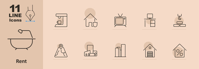 Rent set icon. Coffee maker, home, TV, desk, crane, location, building, apartment, garage, interest rate, architecture, housing, real estate, property, construction, rent, home appliances