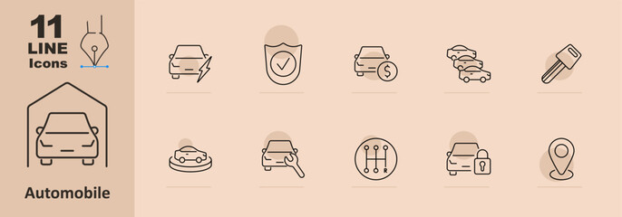 Automobile set icon. Car, electric car, insurance, cost, parking, keys, repair, maintenance, transmission, lock, location, vehicle, security, transport, finance, navigation, automotive industry