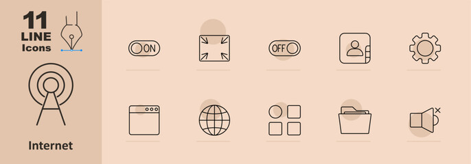 Internet set icon. On switch, fullscreen, off switch, user, settings, browser, globe, grid, folder, mute, connectivity, online, technology, communication, network, web, interface