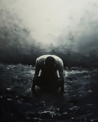 solitary figure submerged in dark turbulent water, moody atmospheric painting depicting despair and loneliness