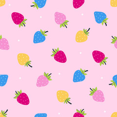 Simple seamless pattern with multi-colored strawberries on a pink background. Vector graphics.