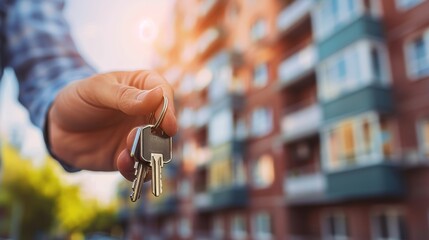 Real estate investor with property keys, new apartment in background, maximizing rental income through property investment.