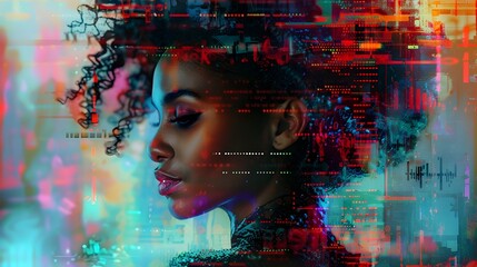 Elegant African American Female Computer Programmer Coding on Futuristic Holographic Display in Vibrant Digital Art Poster