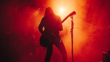 Obraz premium Guitar player rocks out on stage during concert, performing solo while band plays around him. silhouette guitarist rockband