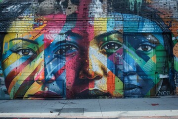 A Street Art Masterpiece Depicting A Colorful Face On A Brick Wall In Los Angeles