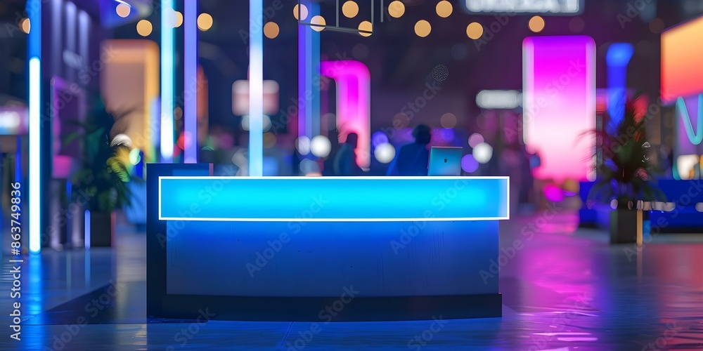 Poster futuristic business convention booth with neon product display in abstract style. concept business c