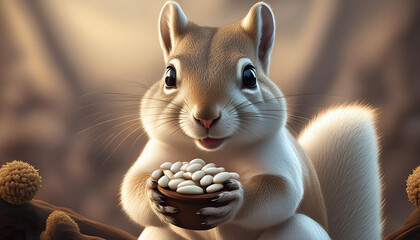 Landscape of a beautiful squirrel sitting in bill holding beans