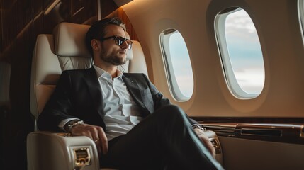 A businessman dressed in a suit relaxes inside a luxurious private jet.  