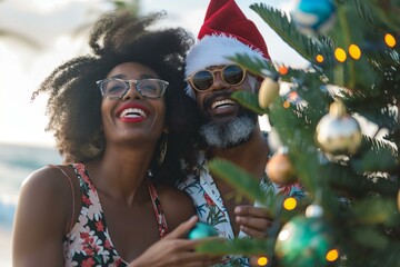 Couple Decorating Christmas Tree on Tropical Beach