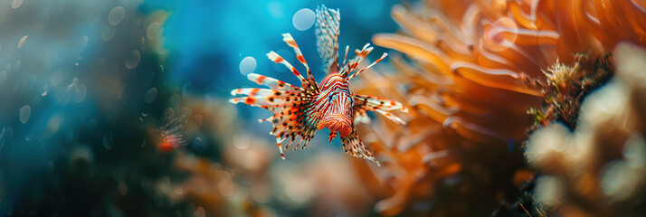 underawater macro detail of a lion fish, with empty copy space, 